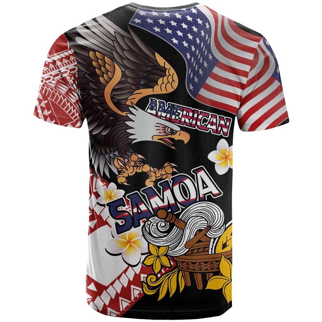 United States and American Samoa Together T Shirt Bald Eagle and Polynesian Traditional Culture with Plumeria