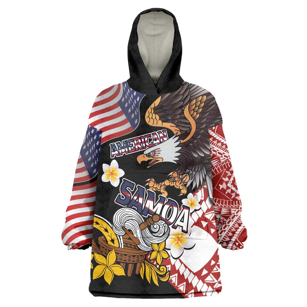 United States and American Samoa Together Wearable Blanket Hoodie Bald Eagle and Polynesian Traditional Culture with Plumeria