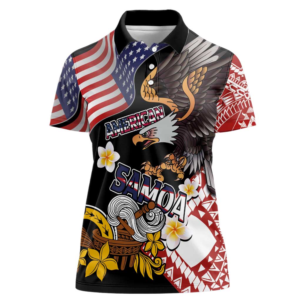 United States and American Samoa Together Women Polo Shirt Bald Eagle and Polynesian Traditional Culture with Plumeria