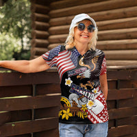 United States and American Samoa Together Women Polo Shirt Bald Eagle and Polynesian Traditional Culture with Plumeria