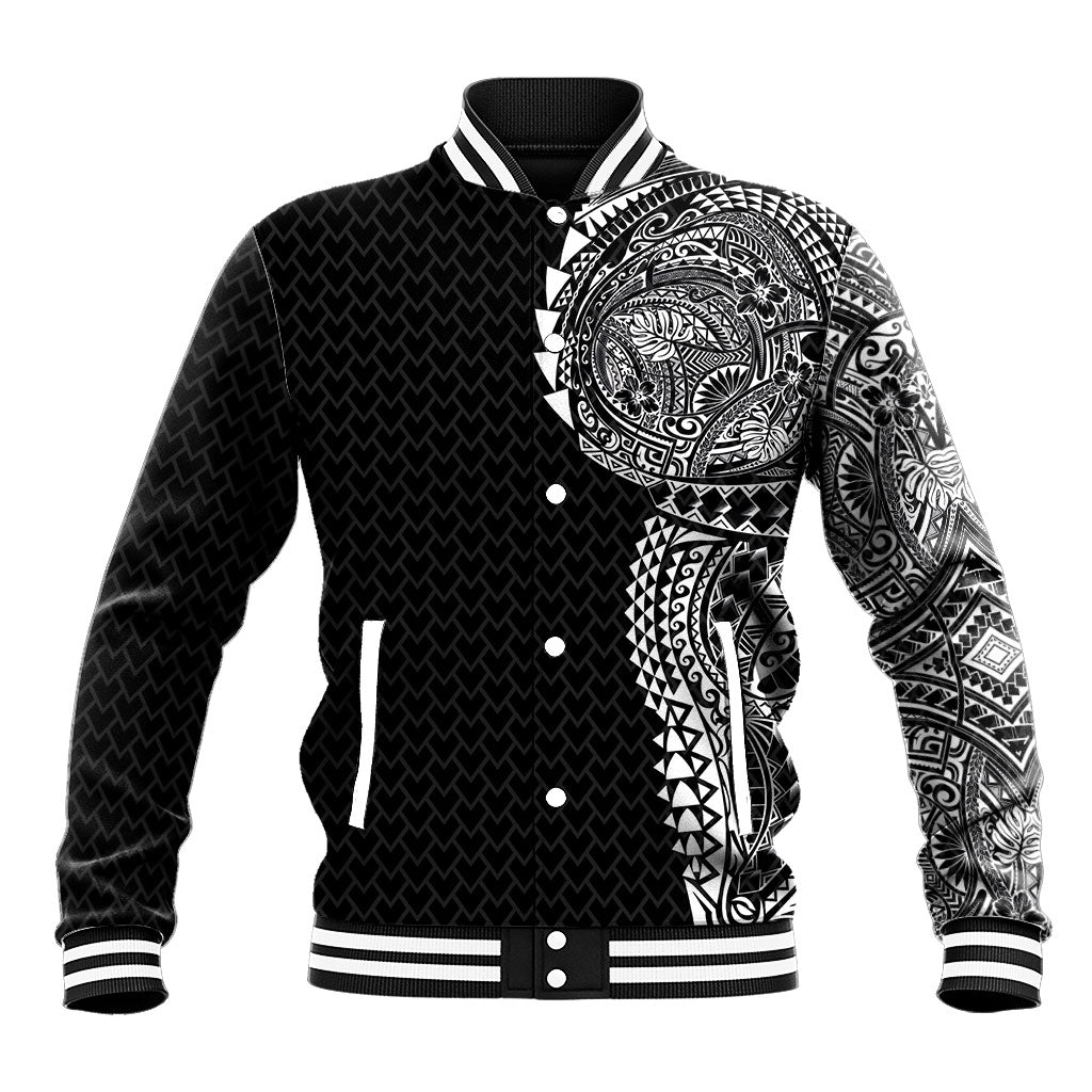 Hawaiian Traditional Tattoos Baseball Jacket Kakau Tribal Tropical Plant Motif Black Color