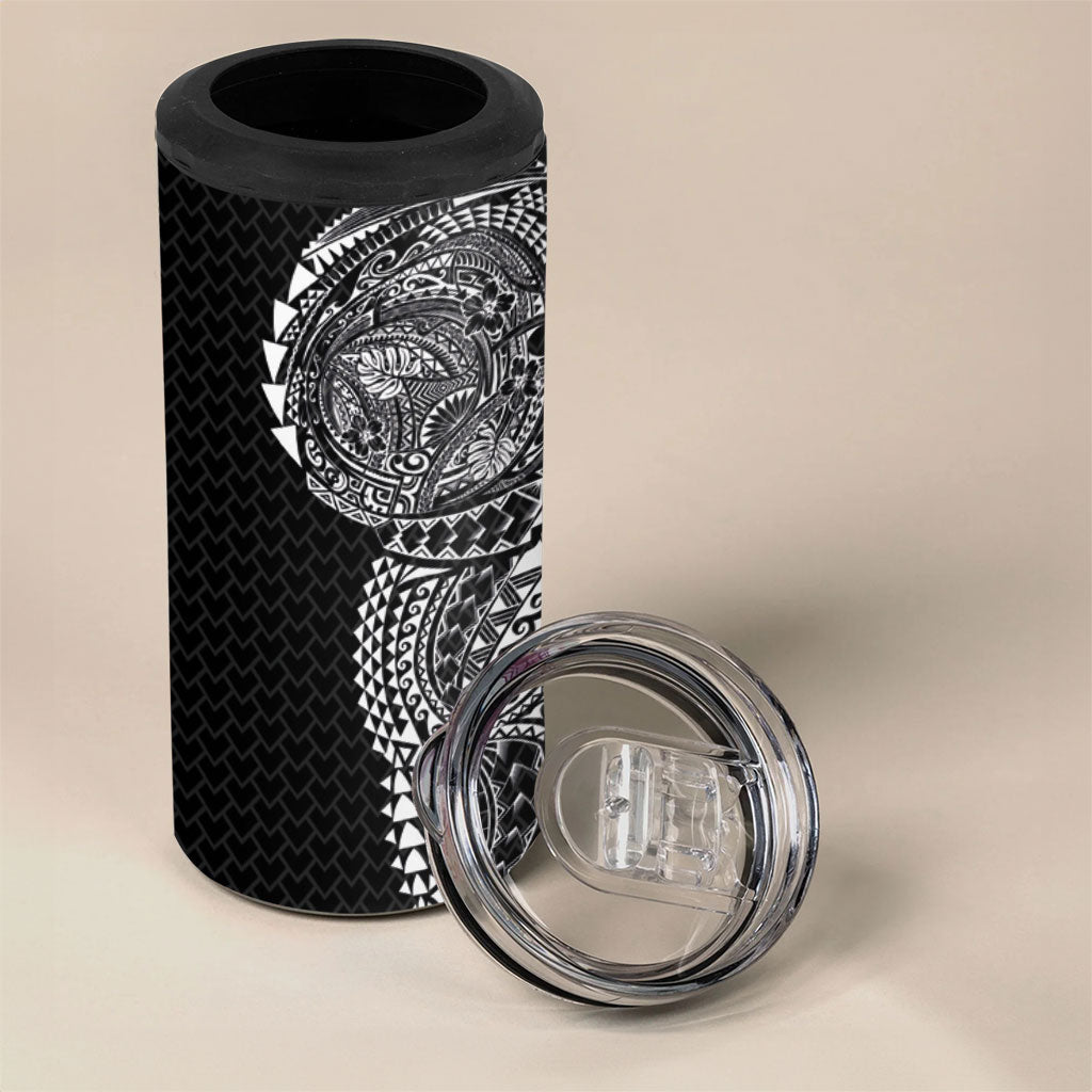 Hawaiian Traditional Tattoos 4 in 1 Can Cooler Tumbler Kakau Tribal Tropical Plant Motif Black Color