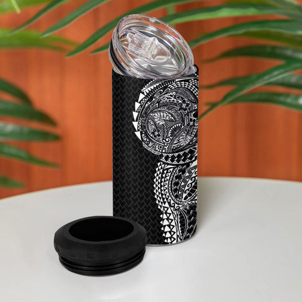 Hawaiian Traditional Tattoos 4 in 1 Can Cooler Tumbler Kakau Tribal Tropical Plant Motif Black Color