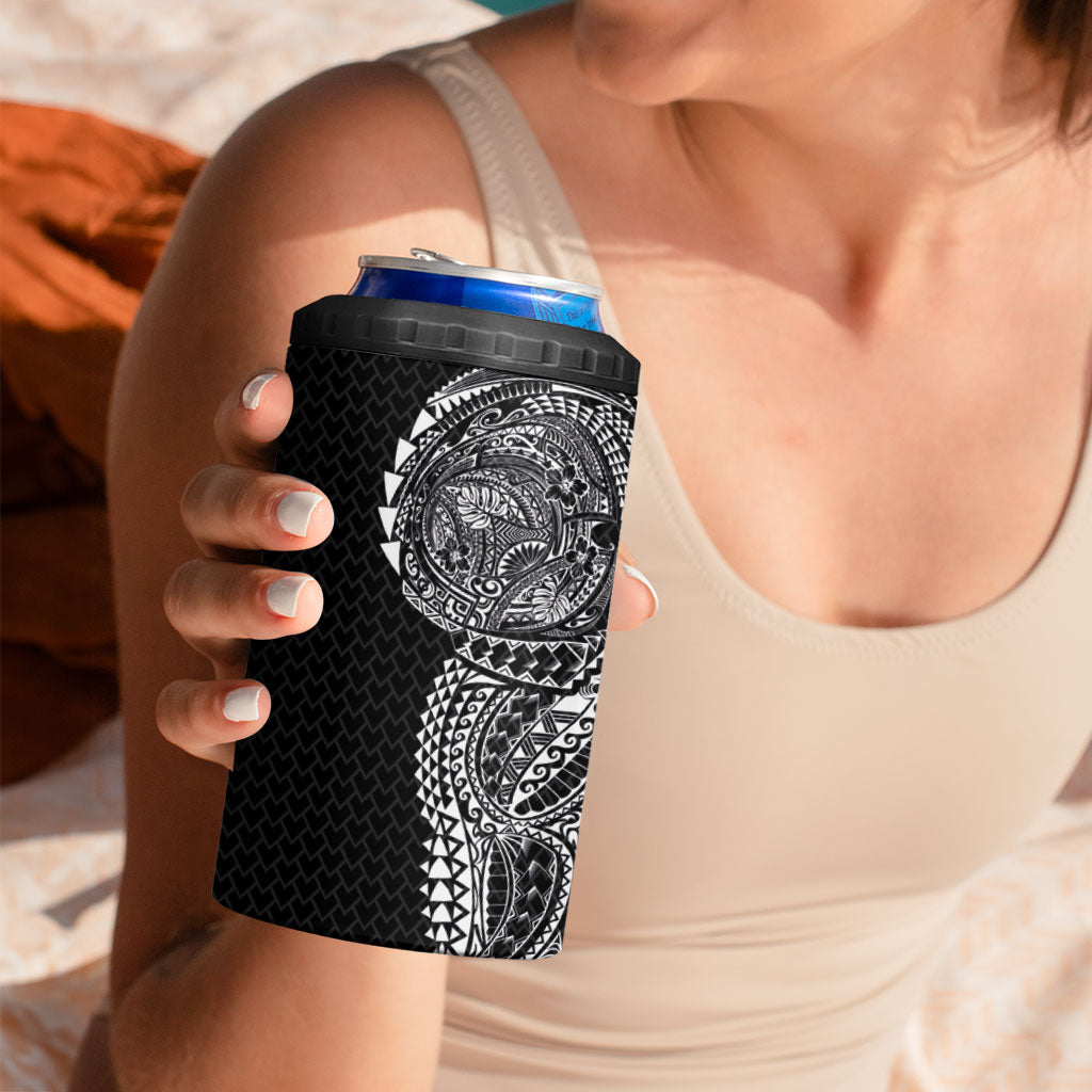 Hawaiian Traditional Tattoos 4 in 1 Can Cooler Tumbler Kakau Tribal Tropical Plant Motif Black Color