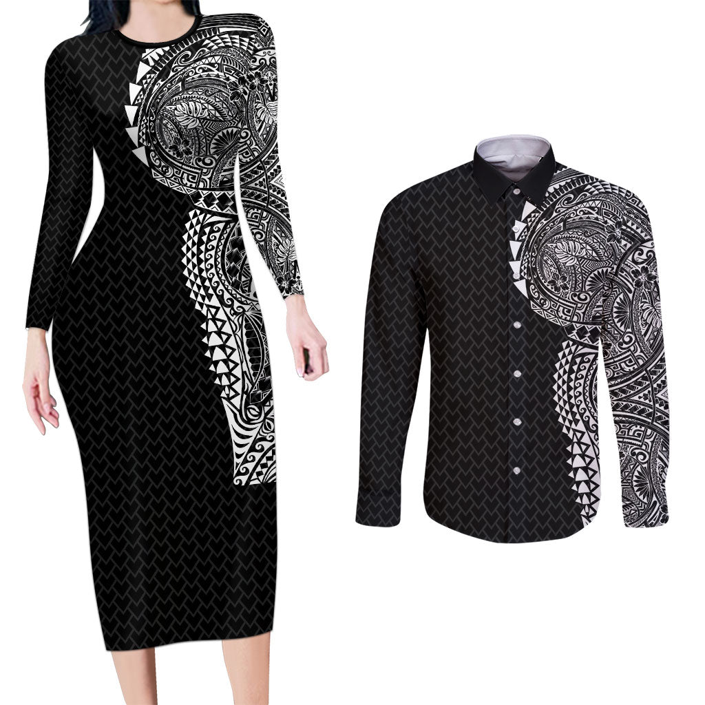Hawaiian Traditional Tattoos Couples Matching Long Sleeve Bodycon Dress and Long Sleeve Button Shirt Kakau Tribal Tropical Plant Motif Black Color
