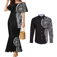 Hawaiian Traditional Tattoos Couples Matching Mermaid Dress and Long Sleeve Button Shirt Kakau Tribal Tropical Plant Motif Black Color