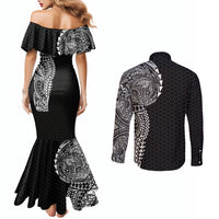 Hawaiian Traditional Tattoos Couples Matching Mermaid Dress and Long Sleeve Button Shirt Kakau Tribal Tropical Plant Motif Black Color