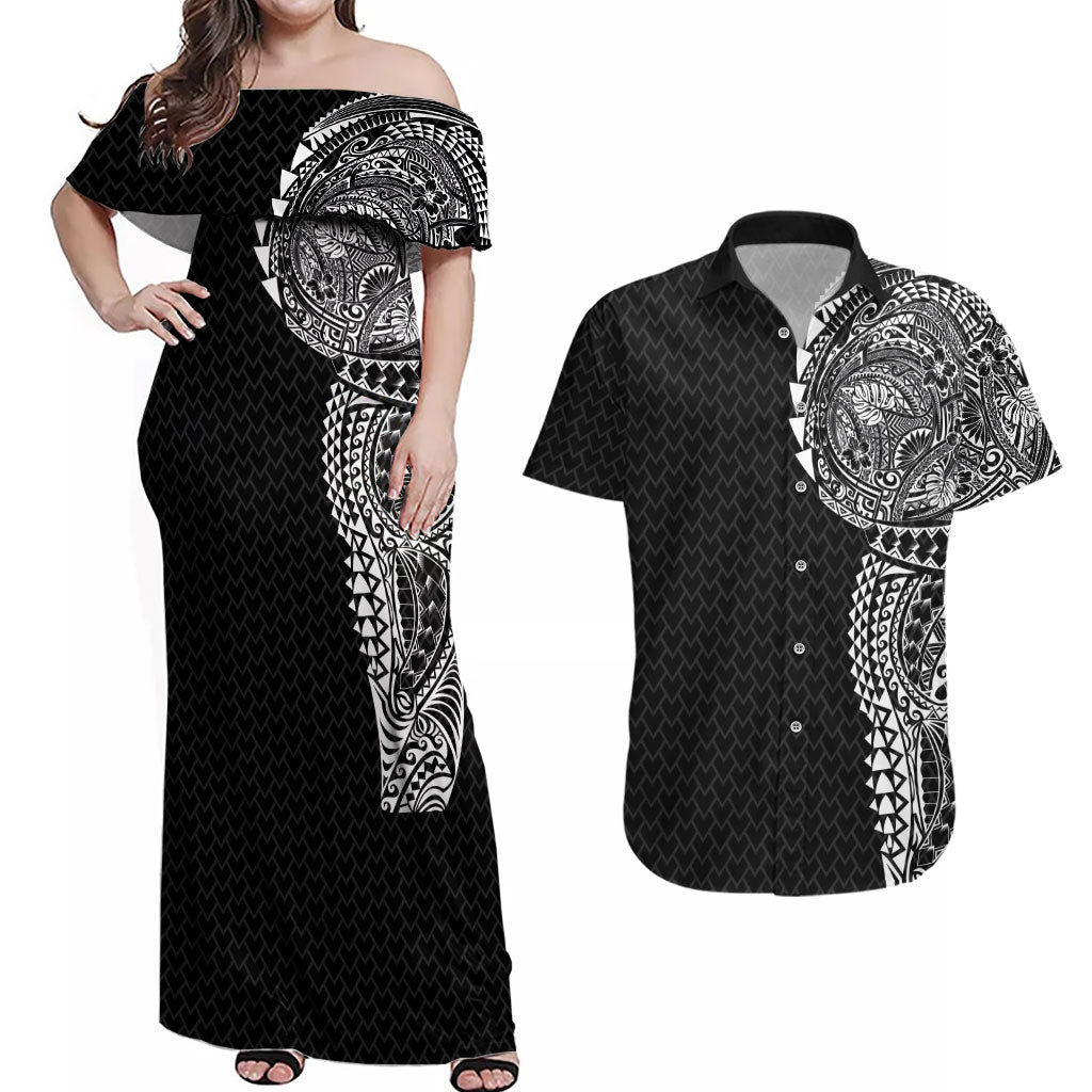 Hawaiian Traditional Tattoos Couples Matching Off Shoulder Maxi Dress and Hawaiian Shirt Kakau Tribal Tropical Plant Motif Black Color