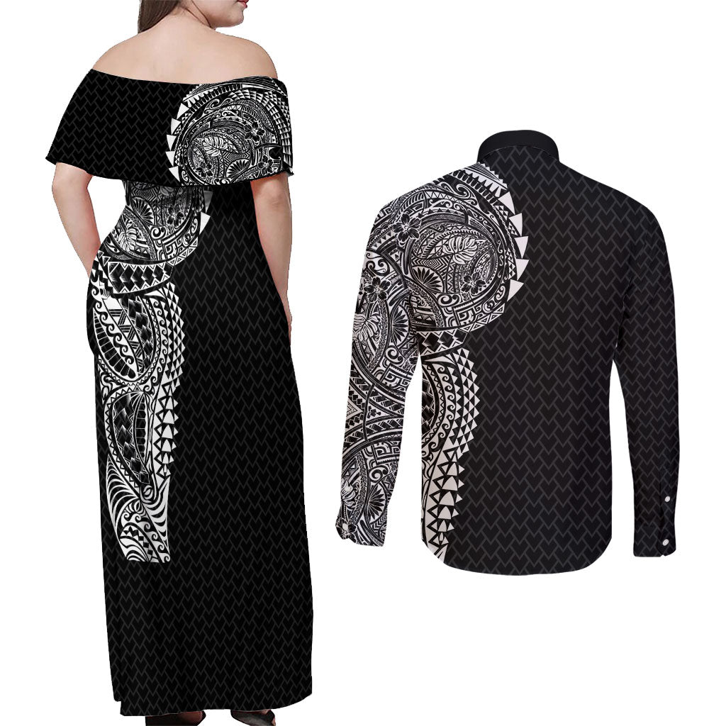 Hawaiian Traditional Tattoos Couples Matching Off Shoulder Maxi Dress and Long Sleeve Button Shirt Kakau Tribal Tropical Plant Motif Black Color