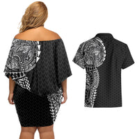 Hawaiian Traditional Tattoos Couples Matching Off Shoulder Short Dress and Hawaiian Shirt Kakau Tribal Tropical Plant Motif Black Color