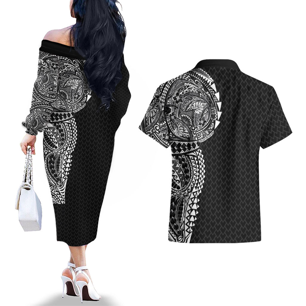 Hawaiian Traditional Tattoos Couples Matching Off The Shoulder Long Sleeve Dress and Hawaiian Shirt Kakau Tribal Tropical Plant Motif Black Color