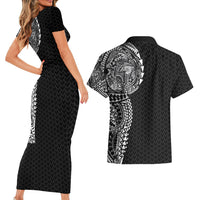 Hawaiian Traditional Tattoos Couples Matching Short Sleeve Bodycon Dress and Hawaiian Shirt Kakau Tribal Tropical Plant Motif Black Color
