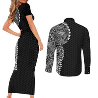Hawaiian Traditional Tattoos Couples Matching Short Sleeve Bodycon Dress and Long Sleeve Button Shirt Kakau Tribal Tropical Plant Motif Black Color