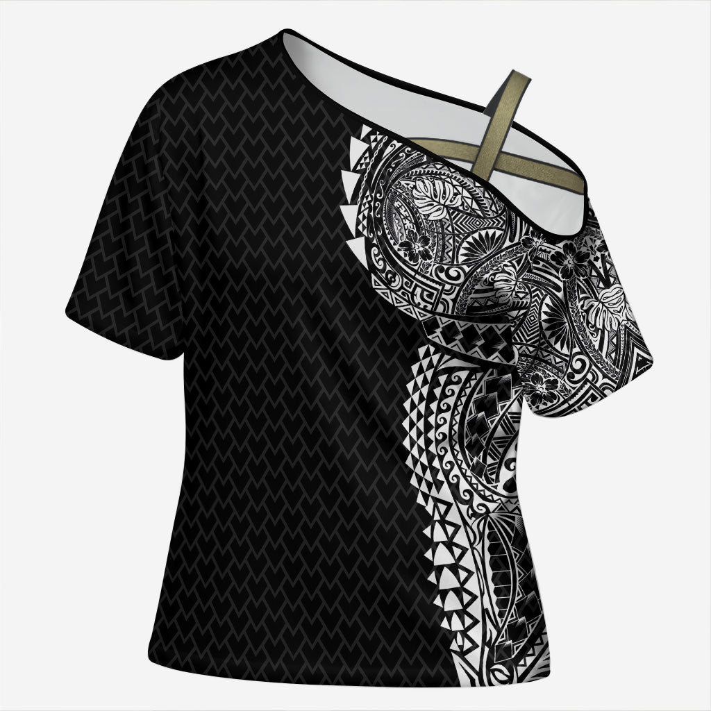 Hawaiian Traditional Tattoos Cross Shoulder Shirt Kakau Tribal Tropical Plant Motif Black Color