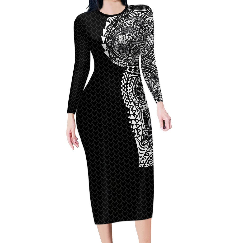 Hawaiian Traditional Tattoos Family Matching Long Sleeve Bodycon Dress and Hawaiian Shirt Kakau Tribal Tropical Plant Motif Black Color