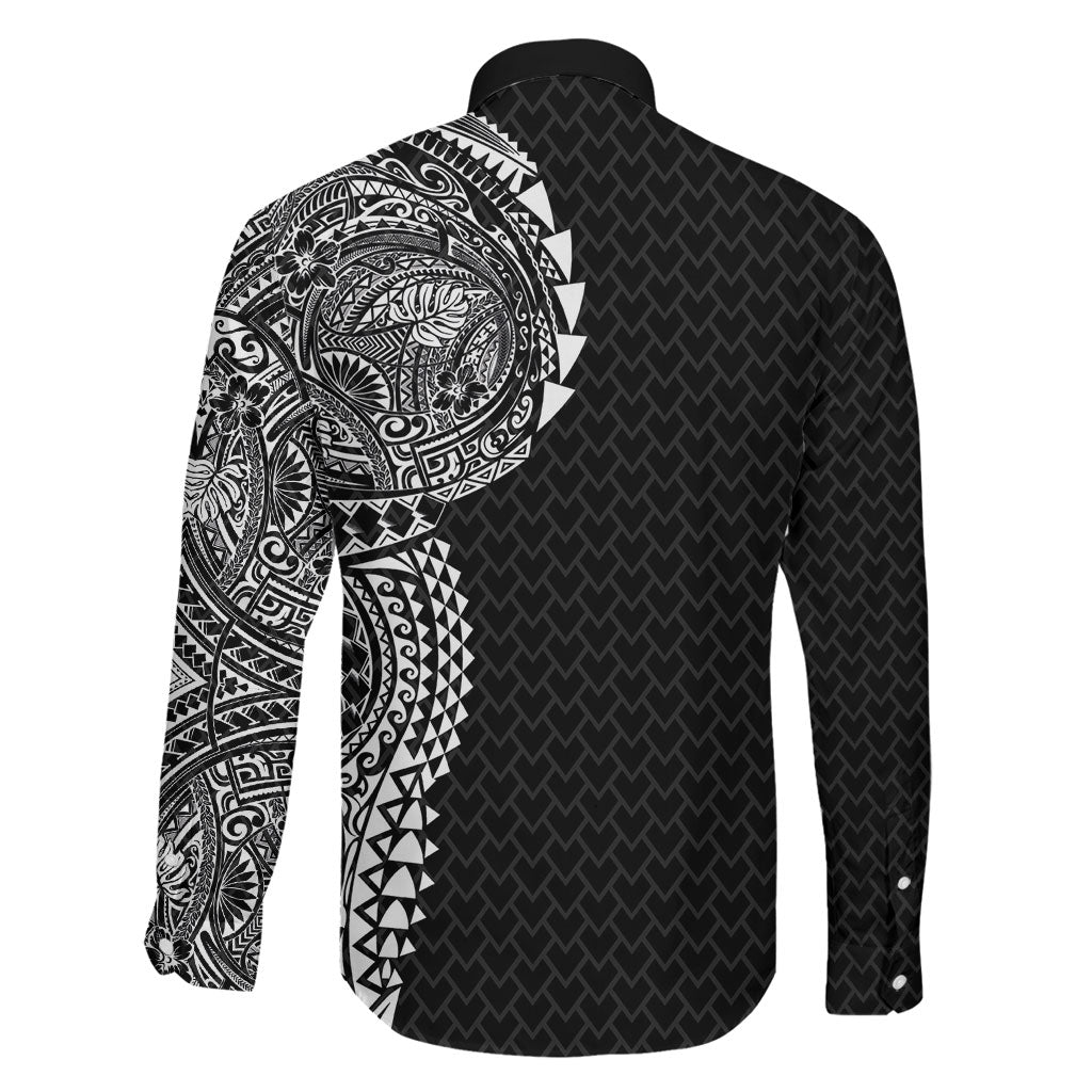 Hawaiian Traditional Tattoos Family Matching Off The Shoulder Long Sleeve Dress and Hawaiian Shirt Kakau Tribal Tropical Plant Motif Black Color