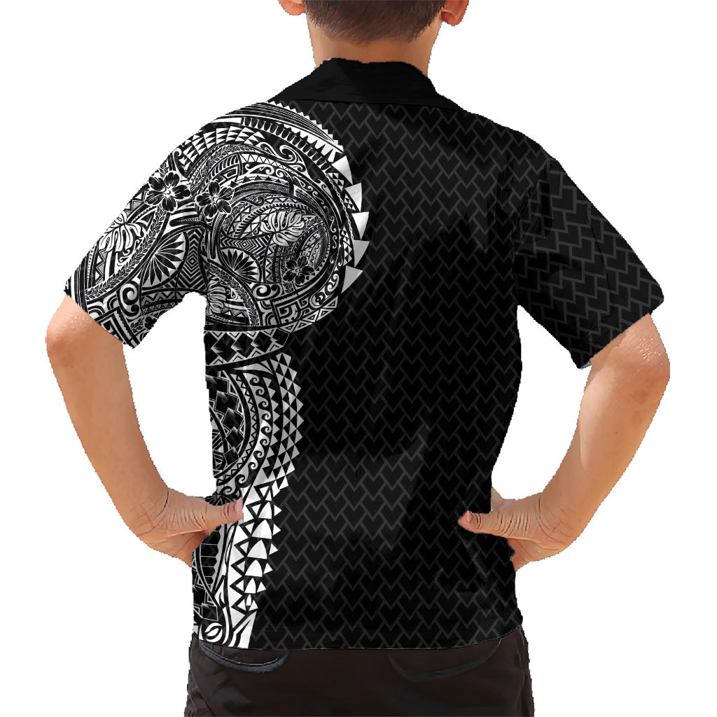 Hawaiian Traditional Tattoos Family Matching Off Shoulder Short Dress and Hawaiian Shirt Kakau Tribal Tropical Plant Motif Black Color