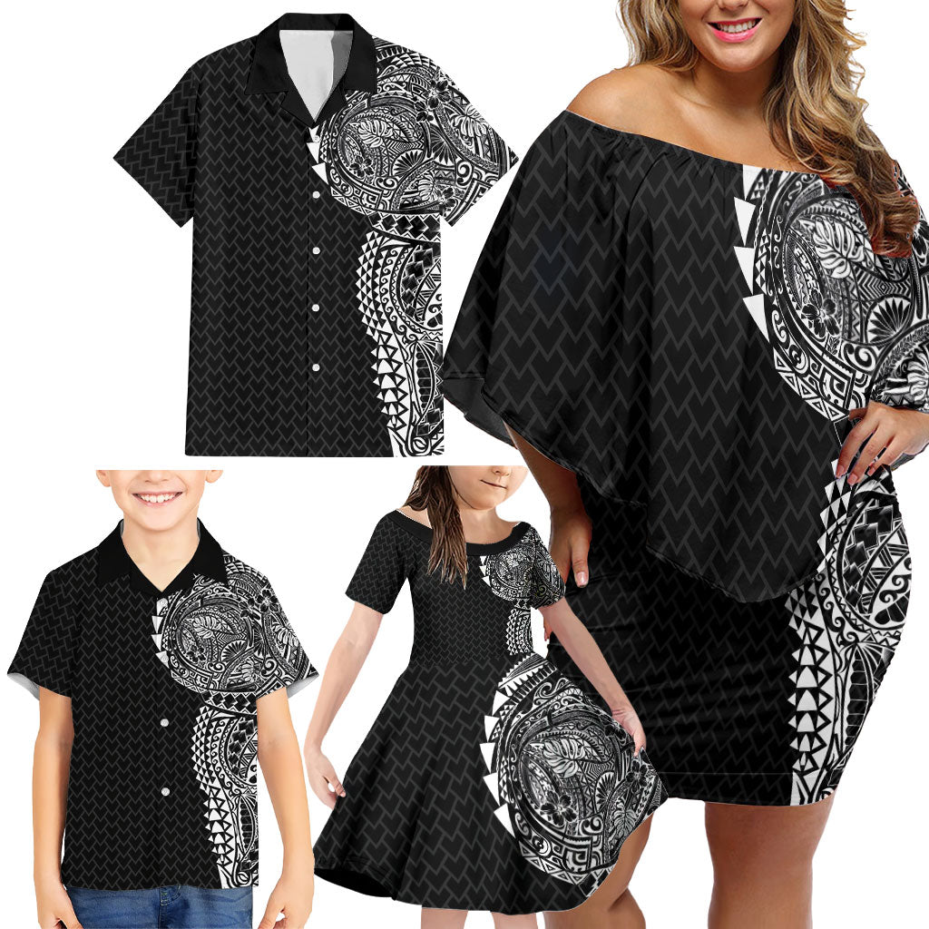 Hawaiian Traditional Tattoos Family Matching Off Shoulder Short Dress and Hawaiian Shirt Kakau Tribal Tropical Plant Motif Black Color