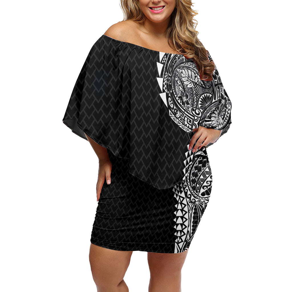 Hawaiian Traditional Tattoos Family Matching Off Shoulder Short Dress and Hawaiian Shirt Kakau Tribal Tropical Plant Motif Black Color