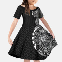 Hawaiian Traditional Tattoos Family Matching Short Sleeve Bodycon Dress and Hawaiian Shirt Kakau Tribal Tropical Plant Motif Black Color