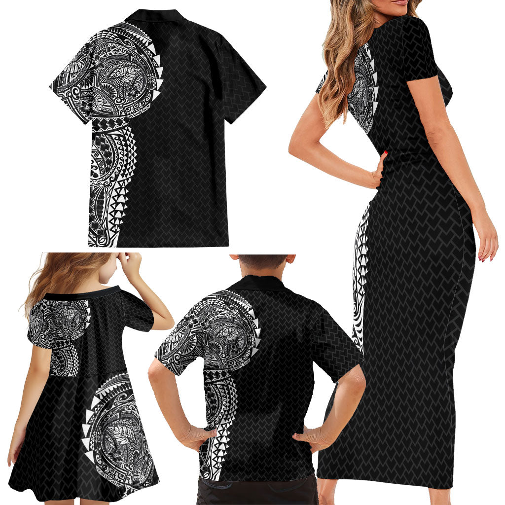 Hawaiian Traditional Tattoos Family Matching Short Sleeve Bodycon Dress and Hawaiian Shirt Kakau Tribal Tropical Plant Motif Black Color