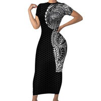 Hawaiian Traditional Tattoos Family Matching Short Sleeve Bodycon Dress and Hawaiian Shirt Kakau Tribal Tropical Plant Motif Black Color