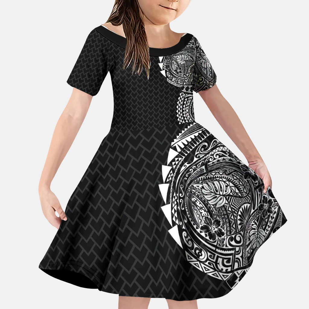 Hawaiian Traditional Tattoos Family Matching Summer Maxi Dress and Hawaiian Shirt Kakau Tribal Tropical Plant Motif Black Color