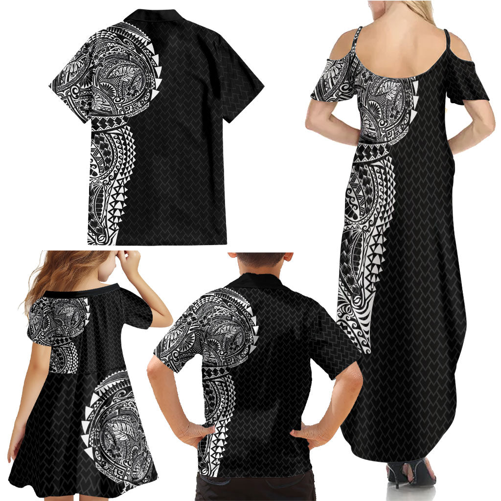 Hawaiian Traditional Tattoos Family Matching Summer Maxi Dress and Hawaiian Shirt Kakau Tribal Tropical Plant Motif Black Color