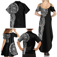 Hawaiian Traditional Tattoos Family Matching Summer Maxi Dress and Hawaiian Shirt Kakau Tribal Tropical Plant Motif Black Color