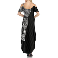 Hawaiian Traditional Tattoos Family Matching Summer Maxi Dress and Hawaiian Shirt Kakau Tribal Tropical Plant Motif Black Color