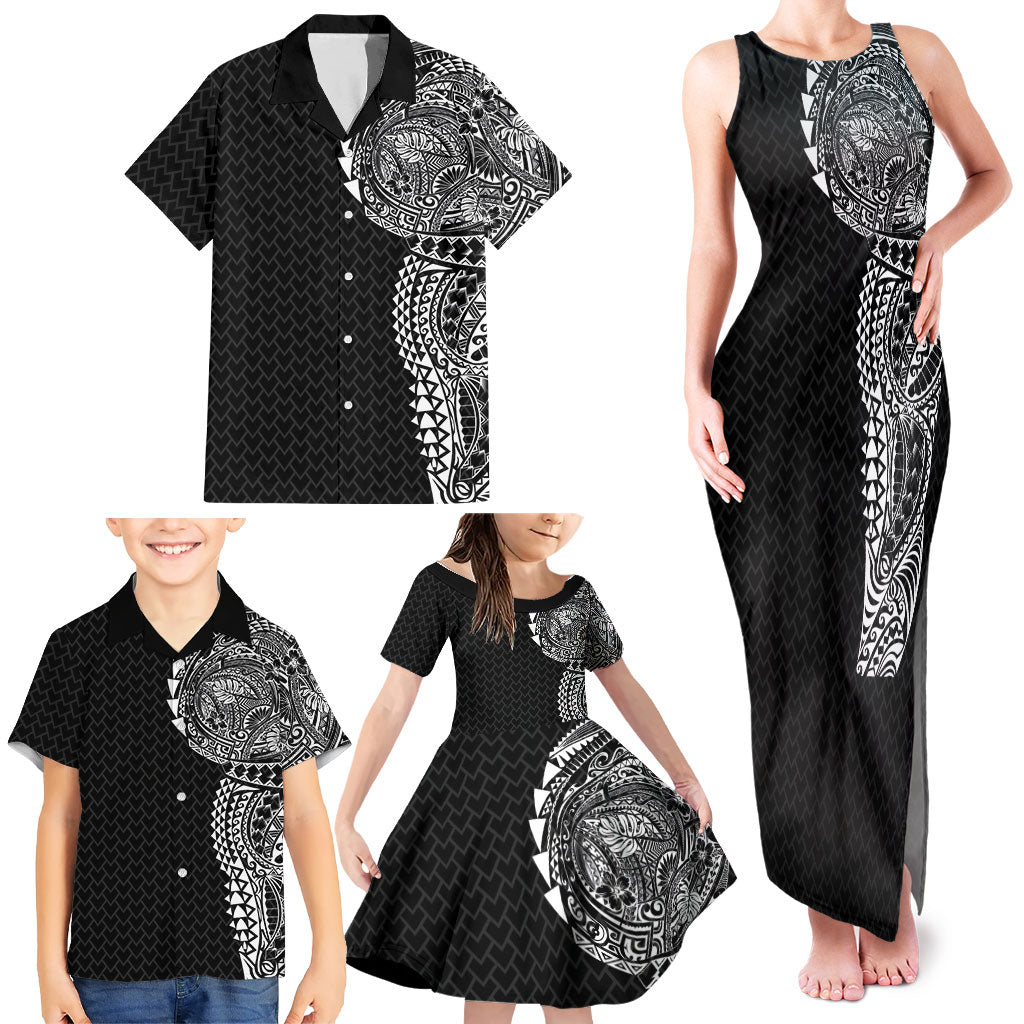 Hawaiian Traditional Tattoos Family Matching Tank Maxi Dress and Hawaiian Shirt Kakau Tribal Tropical Plant Motif Black Color