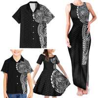 Hawaiian Traditional Tattoos Family Matching Tank Maxi Dress and Hawaiian Shirt Kakau Tribal Tropical Plant Motif Black Color