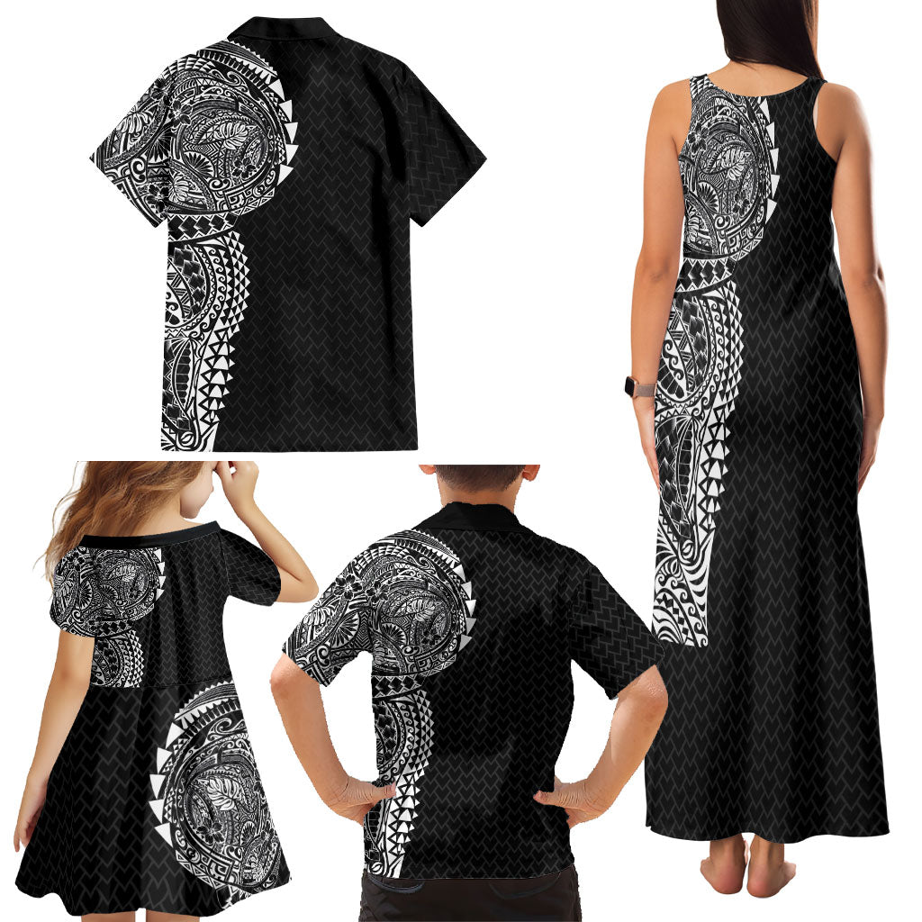 Hawaiian Traditional Tattoos Family Matching Tank Maxi Dress and Hawaiian Shirt Kakau Tribal Tropical Plant Motif Black Color