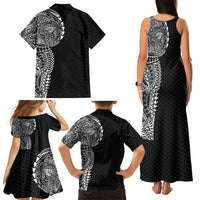 Hawaiian Traditional Tattoos Family Matching Tank Maxi Dress and Hawaiian Shirt Kakau Tribal Tropical Plant Motif Black Color