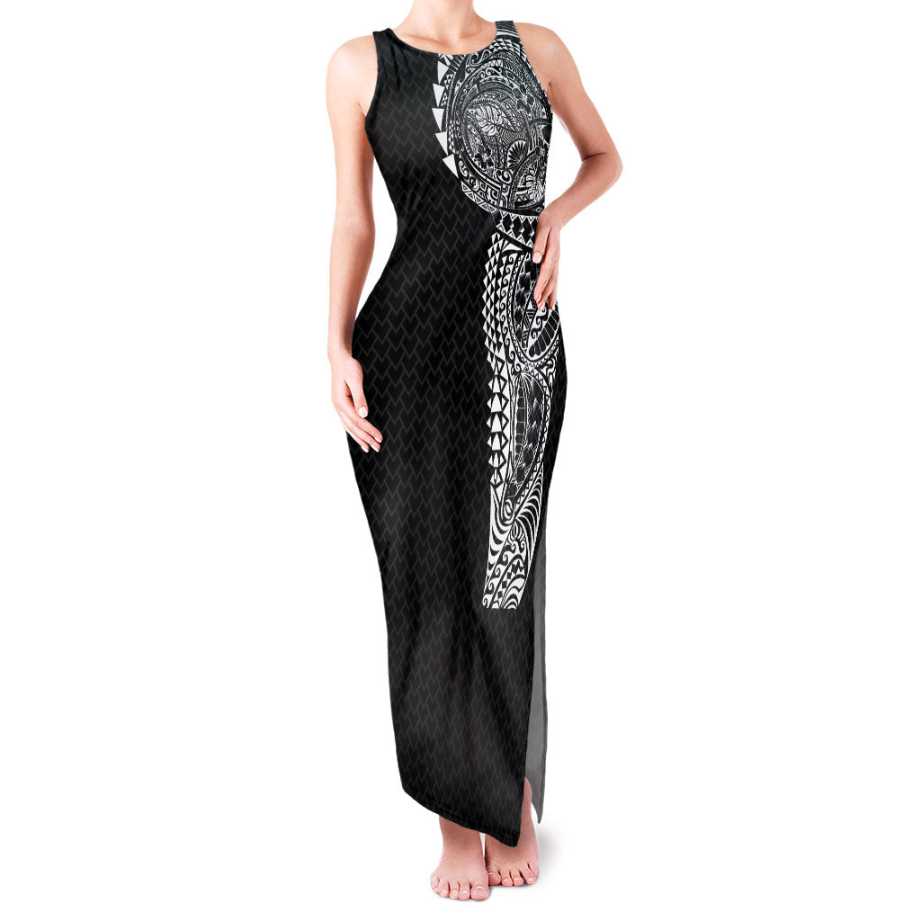 Hawaiian Traditional Tattoos Family Matching Tank Maxi Dress and Hawaiian Shirt Kakau Tribal Tropical Plant Motif Black Color