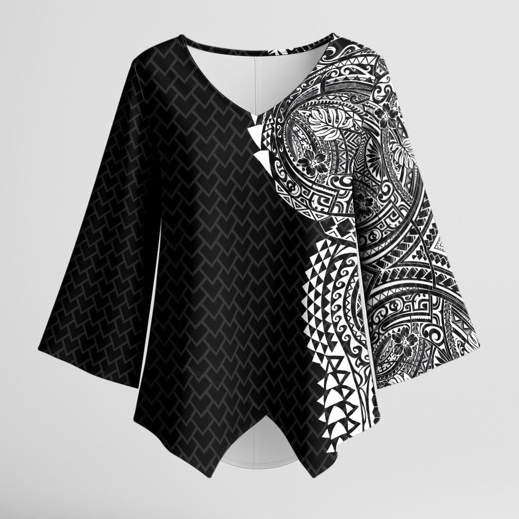 Hawaiian Traditional Tattoos Kimono Sleeve Blouse Kakau Tribal Tropical Plant Motif Black Color