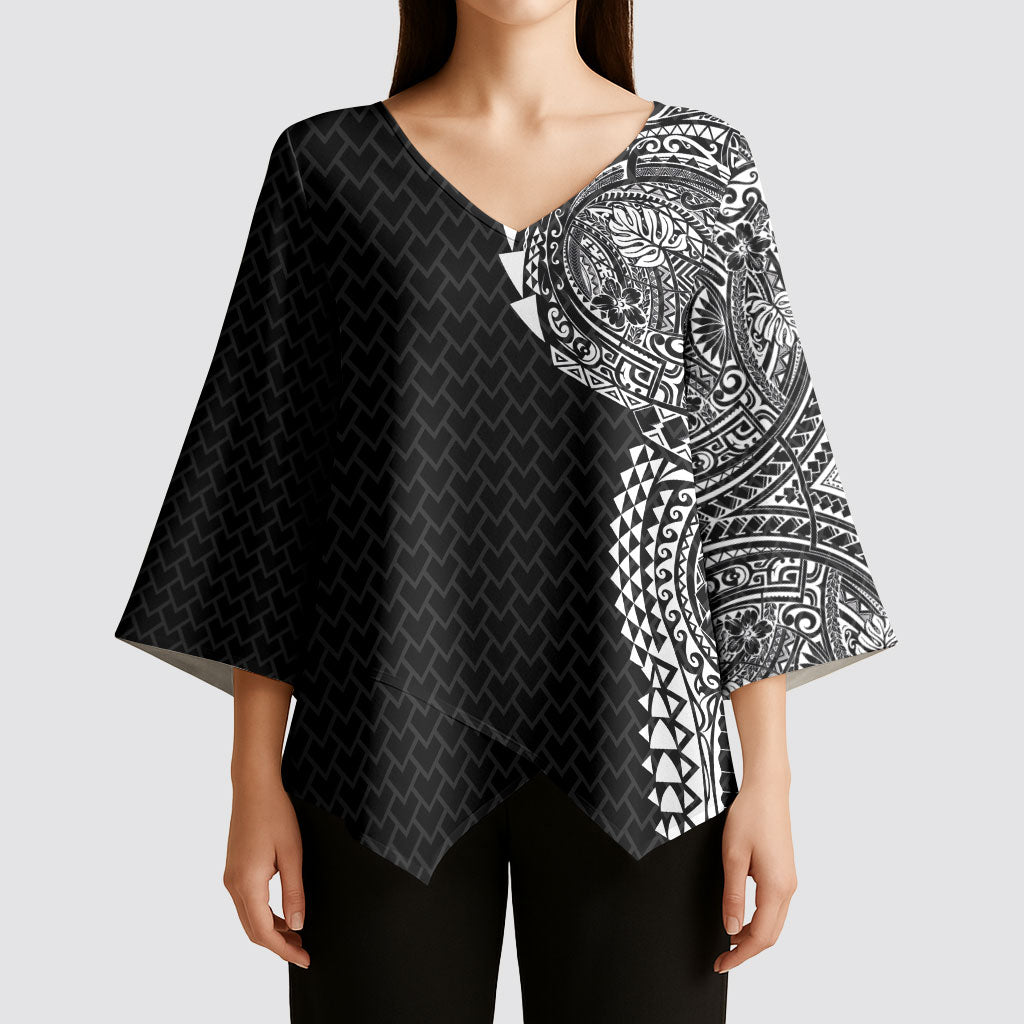Hawaiian Traditional Tattoos Kimono Sleeve Blouse Kakau Tribal Tropical Plant Motif Black Color