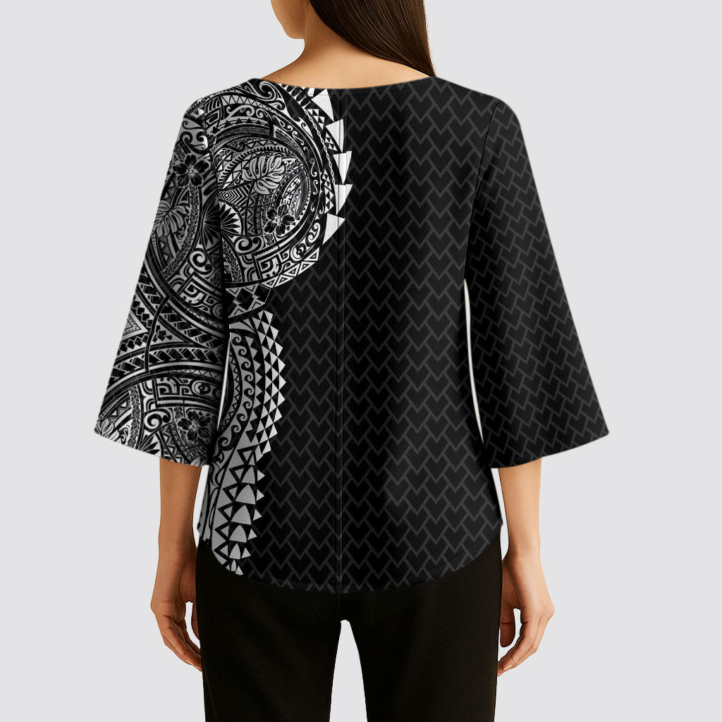 Hawaiian Traditional Tattoos Kimono Sleeve Blouse Kakau Tribal Tropical Plant Motif Black Color