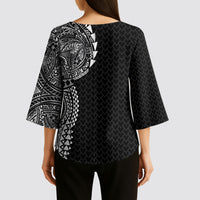 Hawaiian Traditional Tattoos Kimono Sleeve Blouse Kakau Tribal Tropical Plant Motif Black Color
