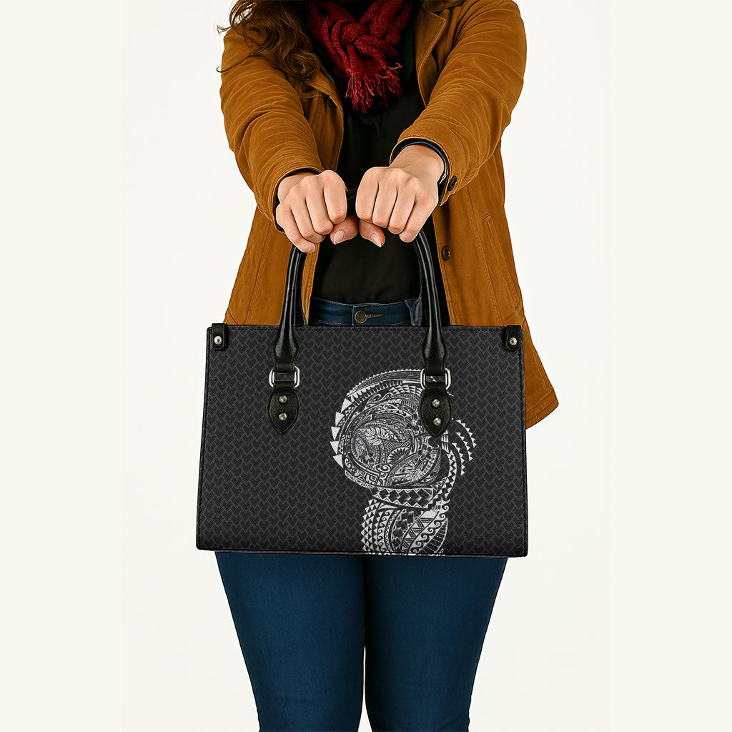 Hawaiian Traditional Tattoos Leather Bag Kakau Tribal Tropical Plant Motif Black Color