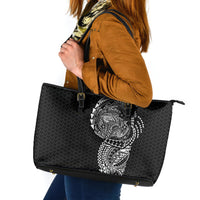 Hawaiian Traditional Tattoos Leather Tote Bag Kakau Tribal Tropical Plant Motif Black Color