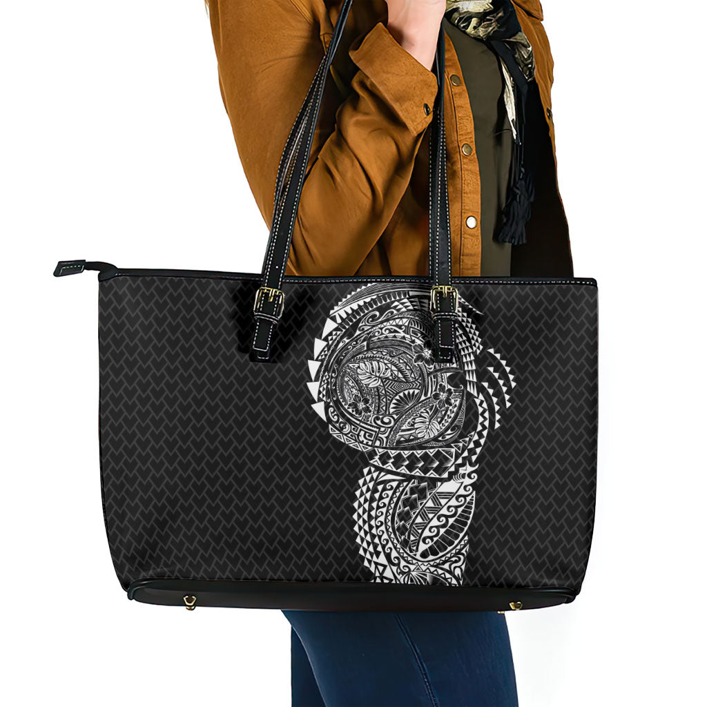 Hawaiian Traditional Tattoos Leather Tote Bag Kakau Tribal Tropical Plant Motif Black Color
