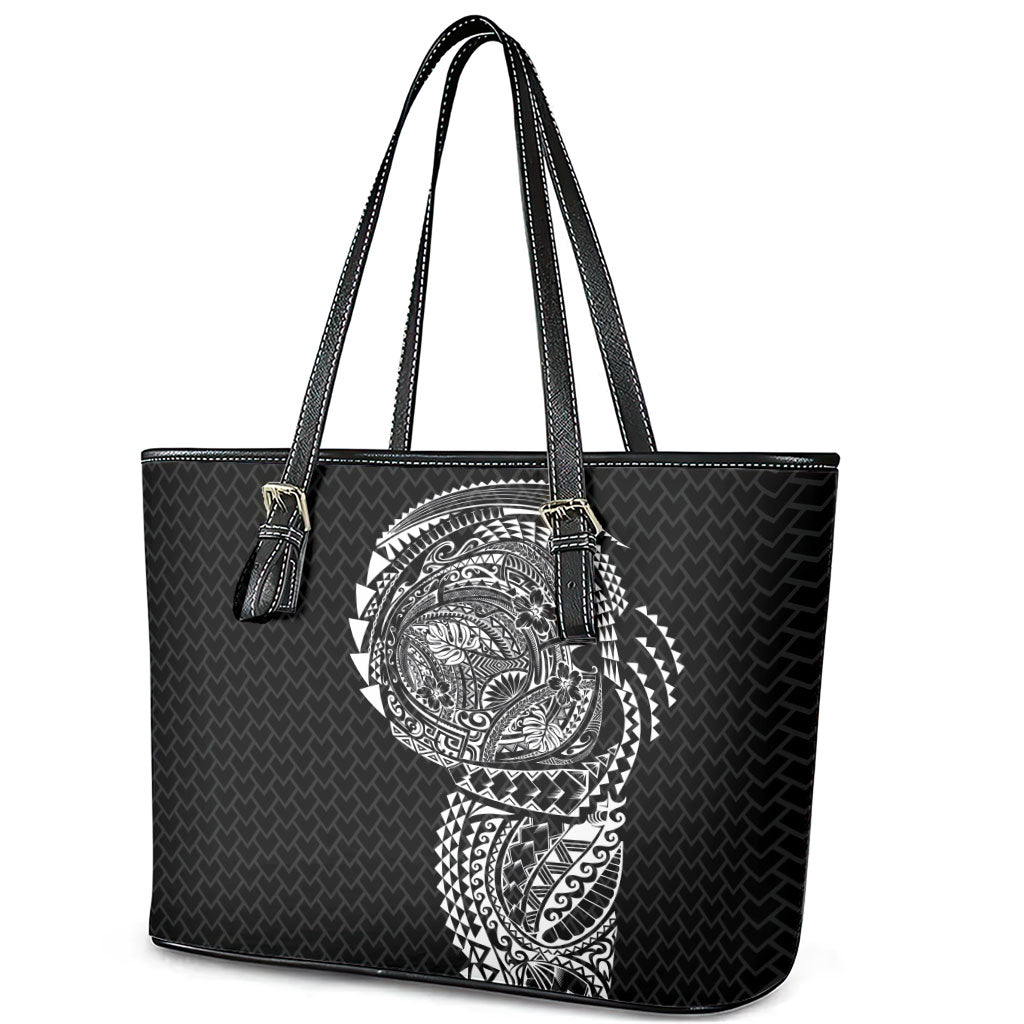 Hawaiian Traditional Tattoos Leather Tote Bag Kakau Tribal Tropical Plant Motif Black Color