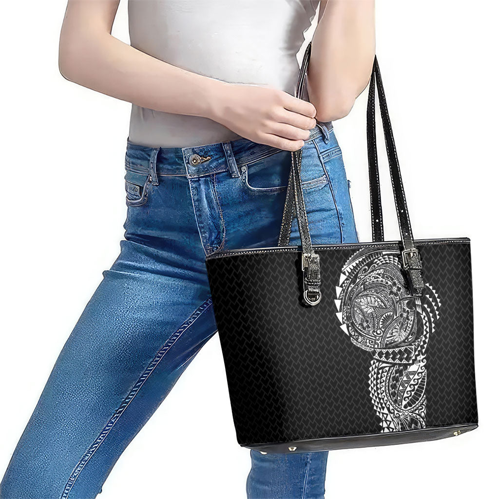 Hawaiian Traditional Tattoos Leather Tote Bag Kakau Tribal Tropical Plant Motif Black Color