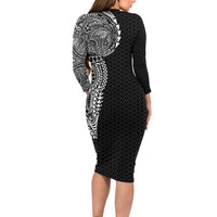 Hawaiian Traditional Tattoos Long Sleeve Bodycon Dress Kakau Tribal Tropical Plant Motif Black Color