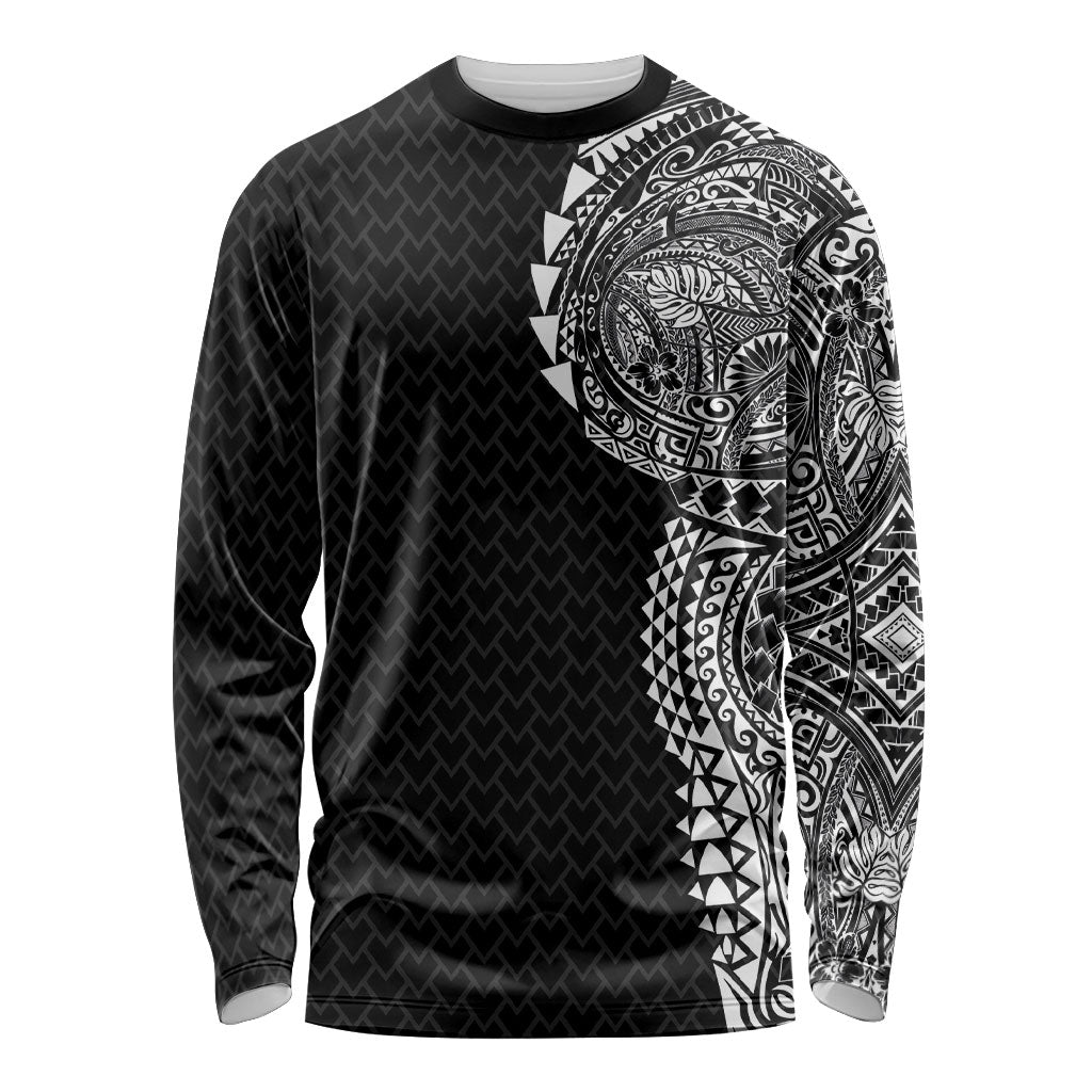 Hawaiian Traditional Tattoos Long Sleeve Shirt Kakau Tribal Tropical Plant Motif Black Color
