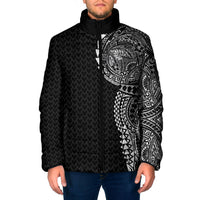 Hawaiian Traditional Tattoos Padded Jacket Kakau Tribal Tropical Plant Motif Black Color