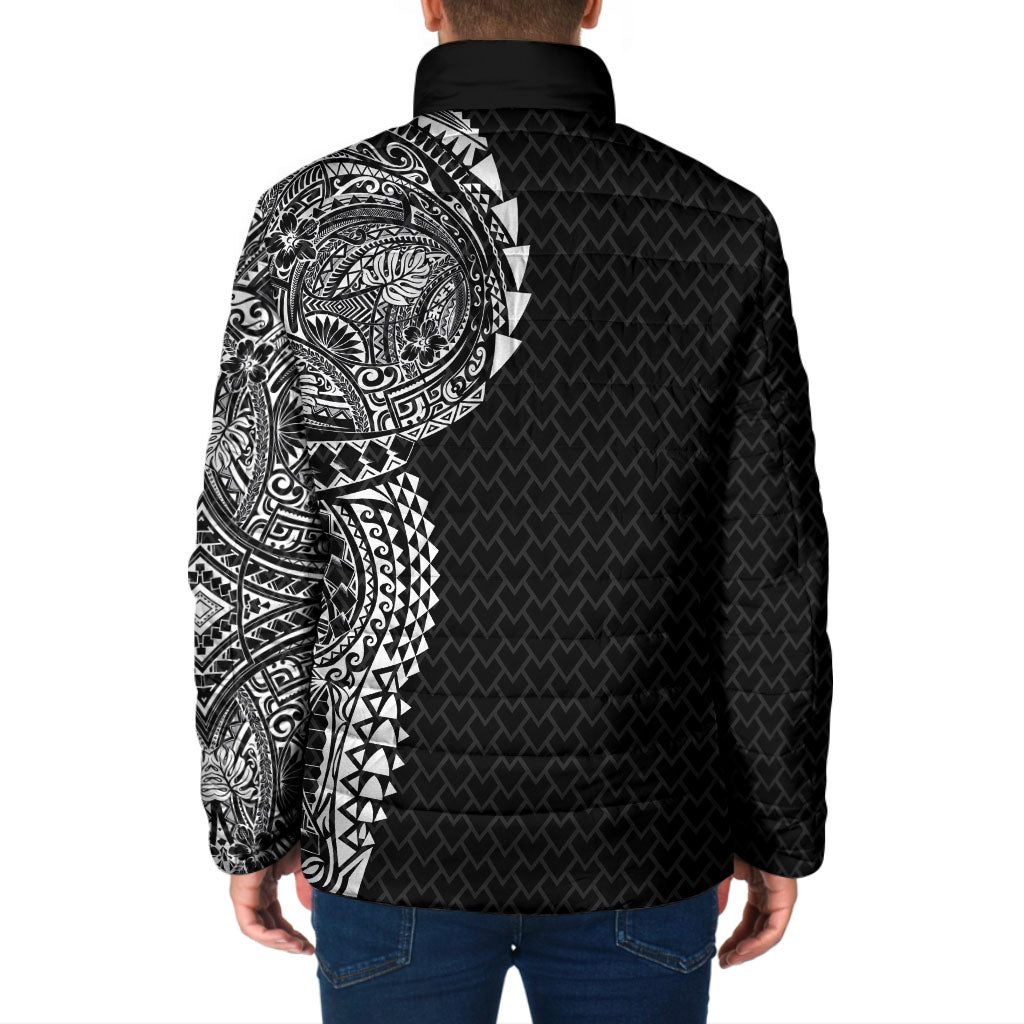 Hawaiian Traditional Tattoos Padded Jacket Kakau Tribal Tropical Plant Motif Black Color
