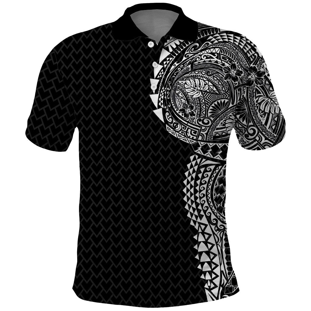 Hawaiian Traditional Tattoos Polo Shirt Kakau Tribal Tropical Plant Motif Black Color