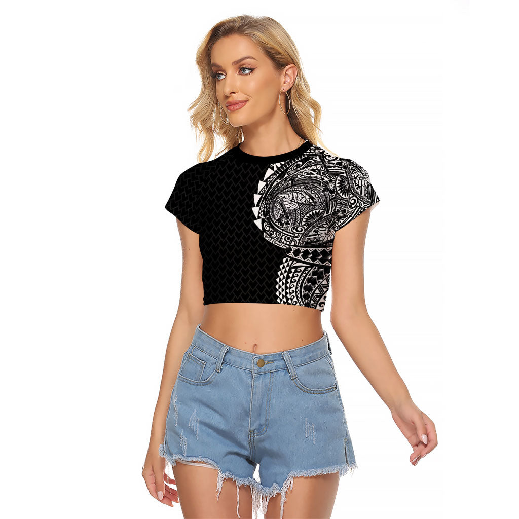 Hawaiian Traditional Tattoos Raglan Cropped T Shirt Kakau Tribal Tropical Plant Motif Black Color